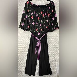 Roz & Ali Womens L Black & Floral Print Off the Shoulder Wide Leg Jumpsuit